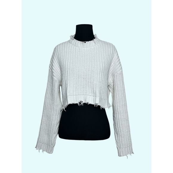 Forever 21 off white long sleeves semi distressed cropped sweater size Small - Picture 7 of 9